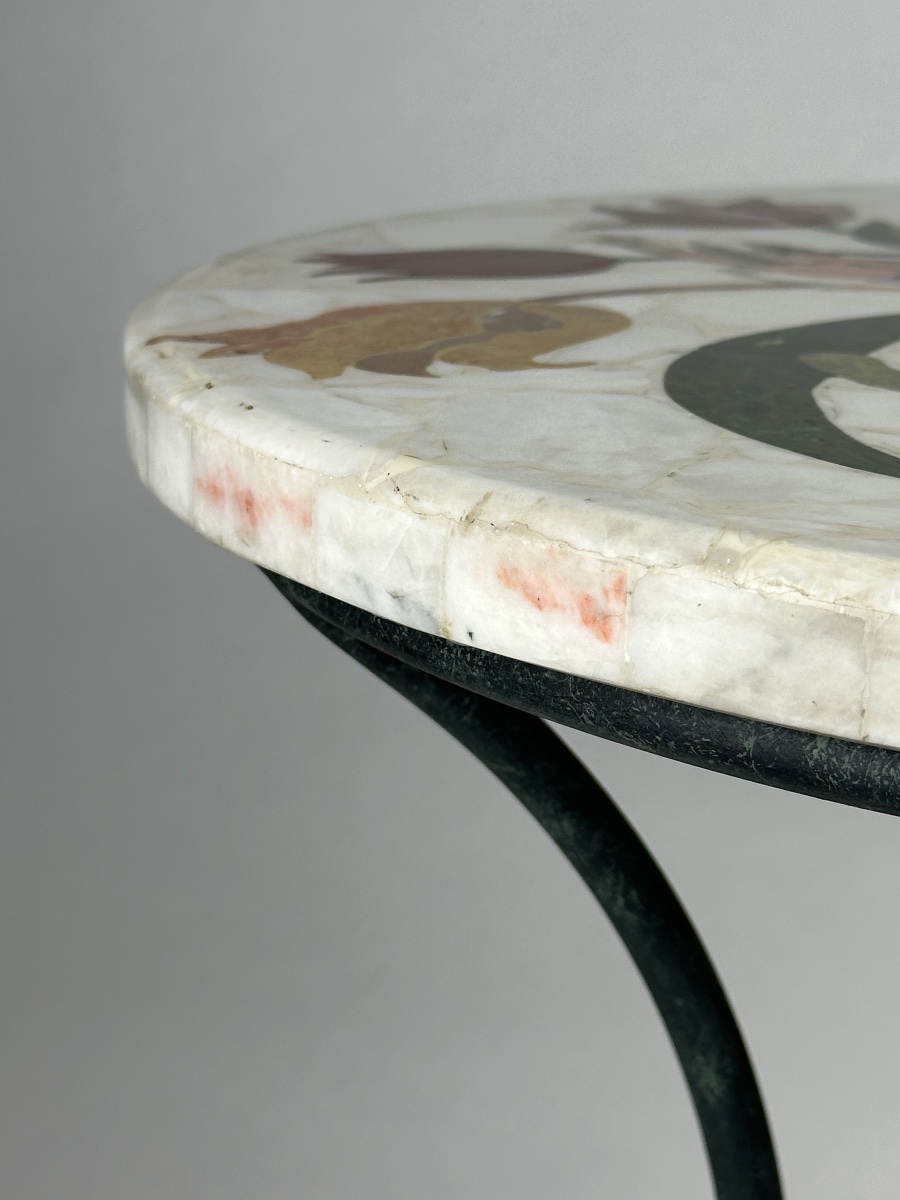 Table guéridon marqueterie Marbre fer forgé Rome pierre dure Scagliola décor Antique Italie -photo-3