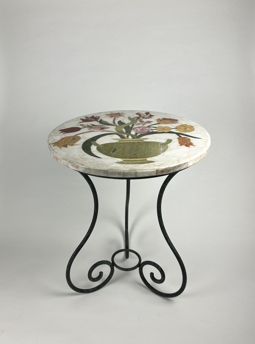 Table guéridon marqueterie Marbre fer forgé Rome pierre dure Scagliola décor Antique Italie -photo-7