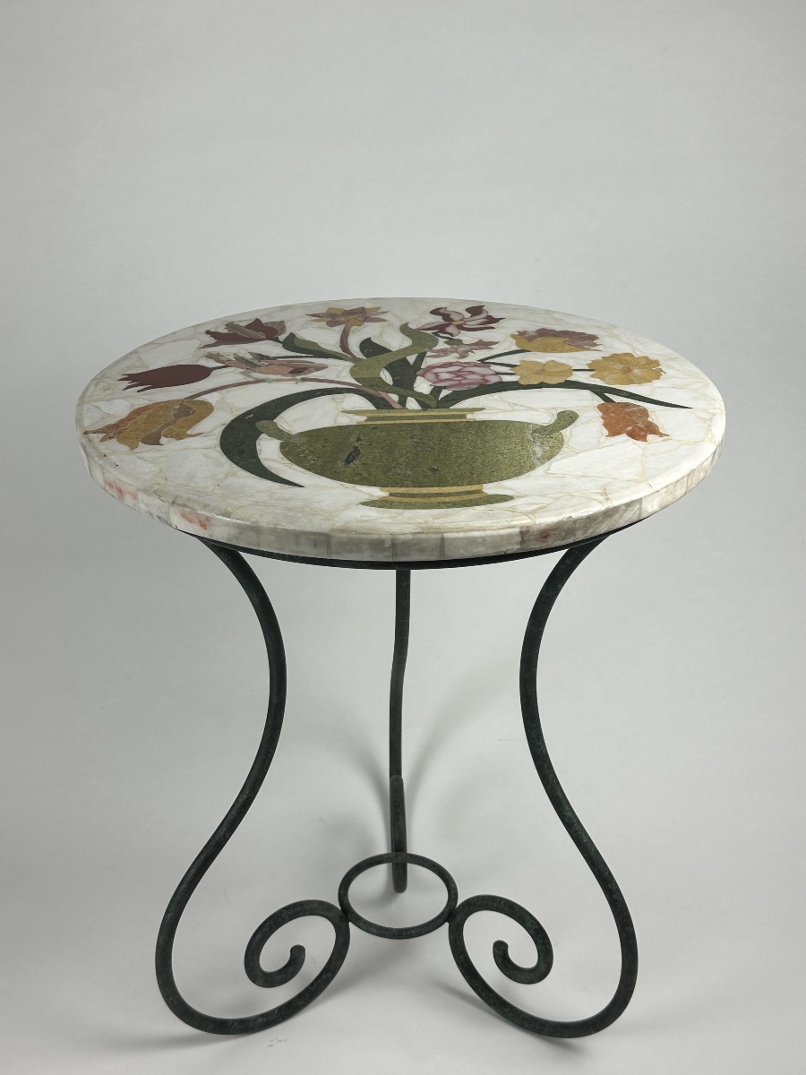 Table Pedestal Table Marquetry Marble Wrought Iron Rome Hard Stone Scagliola Antique Decor Italy-photo-2