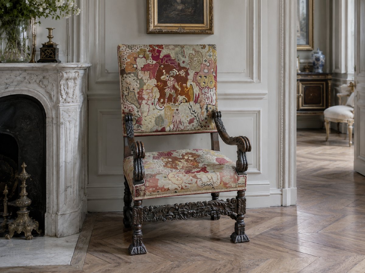 Large Flat-back Renaissance Armchair Carved Wood Chimera 19th Century Château Tapestry