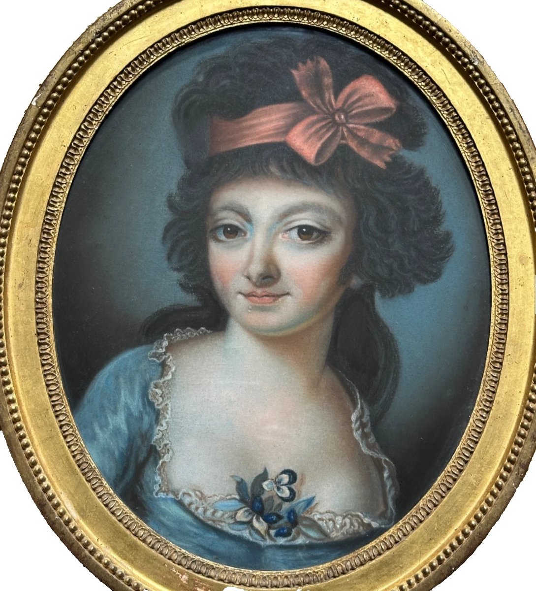Pastel Louis XVI Portrait Of A Young Woman With A Red Ribbon Oval Gilded Pearl Frame-photo-4
