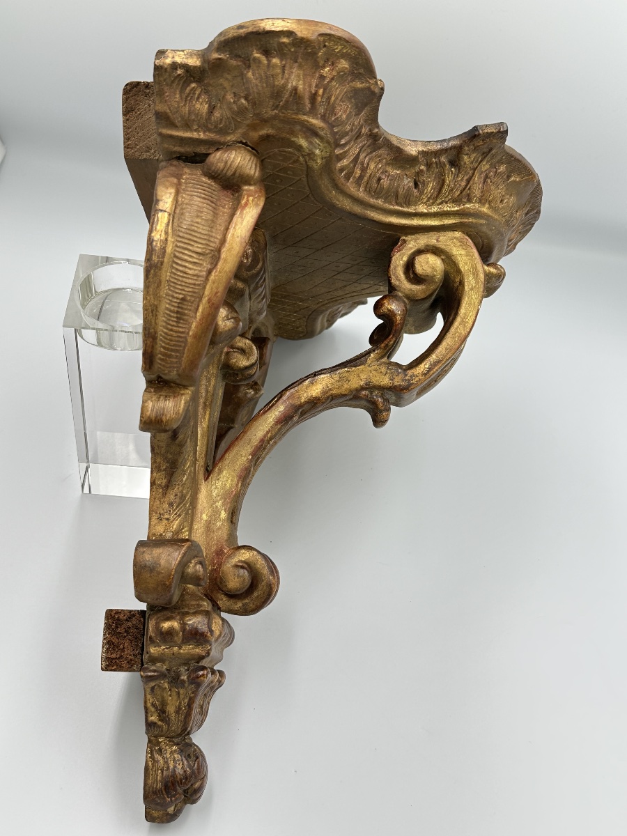 Ancienne console d'applique murale en bois sculpté et doré, époque 18 ème-photo-4