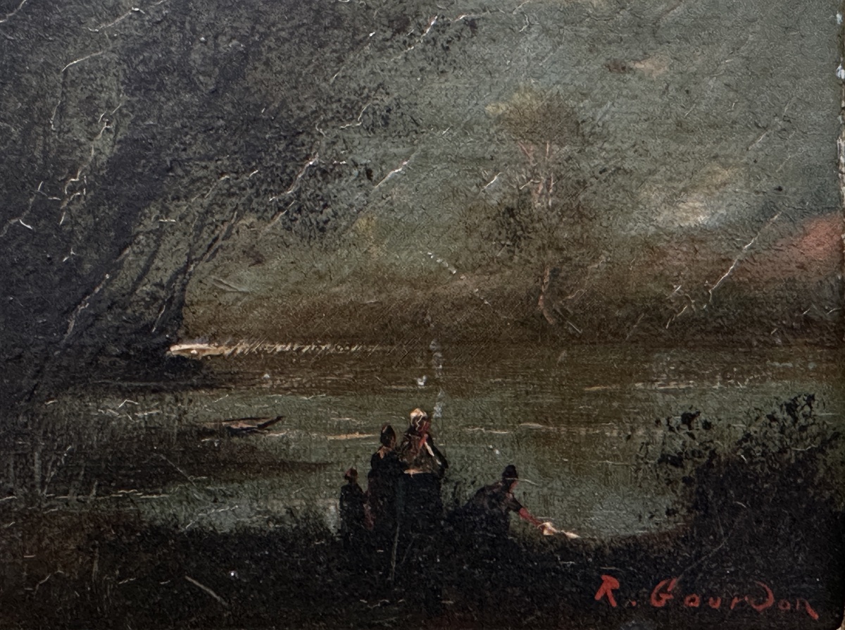 René Gourdon  tableau XIXe signé paysage animé  clairière au crépuscule Barbizon-photo-3