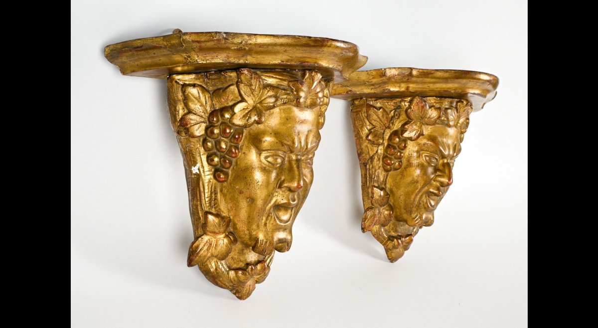 Pair Of Wall-mounted Side Tables Featuring Satyr And Bacchus Figures, Gilded Wood, Baroque Style, 17th Century (2 Pieces)-photo-3