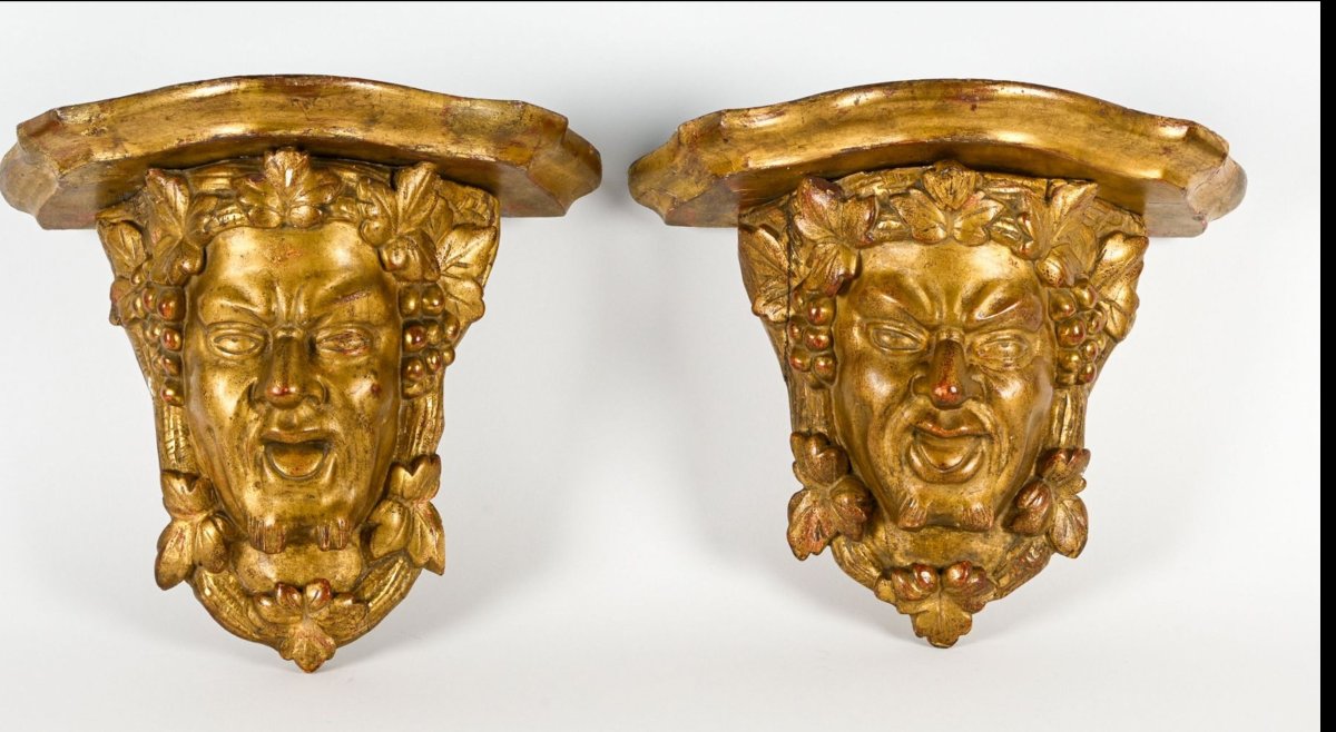 Pair Of Wall-mounted Side Tables Featuring Satyr And Bacchus Figures, Gilded Wood, Baroque Style, 17th Century (2 Pieces)
