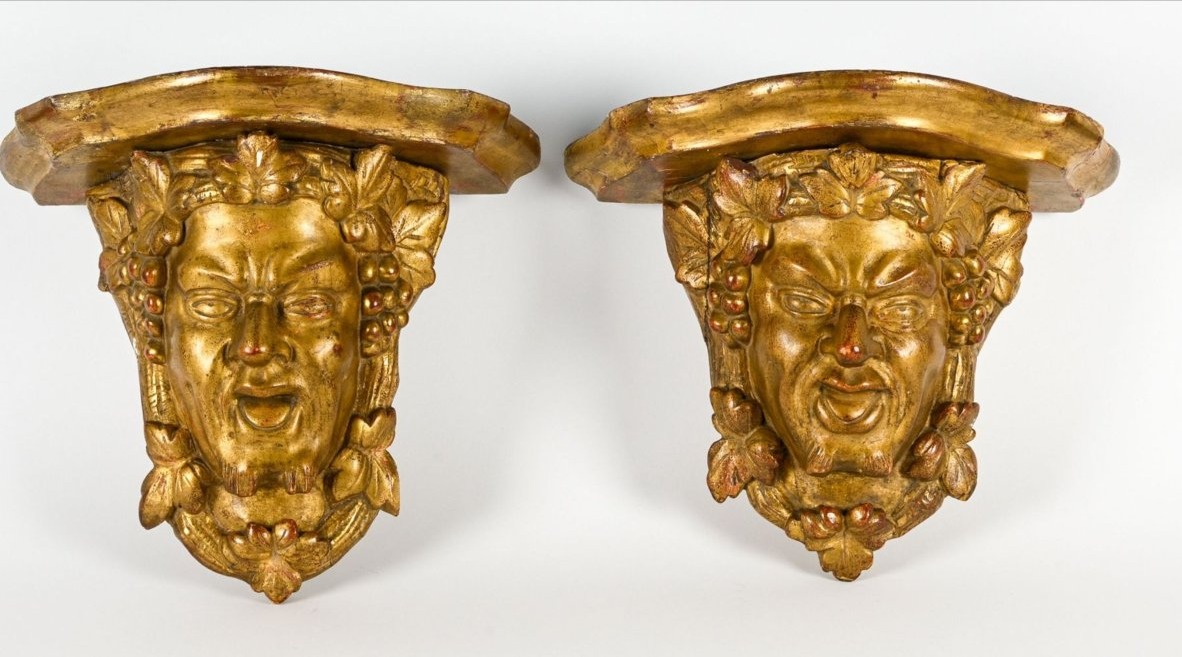 Paire de consoles  en applique faunes satyre bacchus bois doré décor baroque 17ème x 2