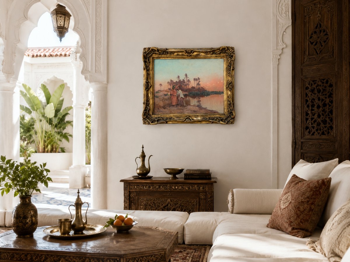 Eugène Deshayes Tableau peintre Orientaliste portrait femme le soir paysage Oued Algérie  19e-photo-3