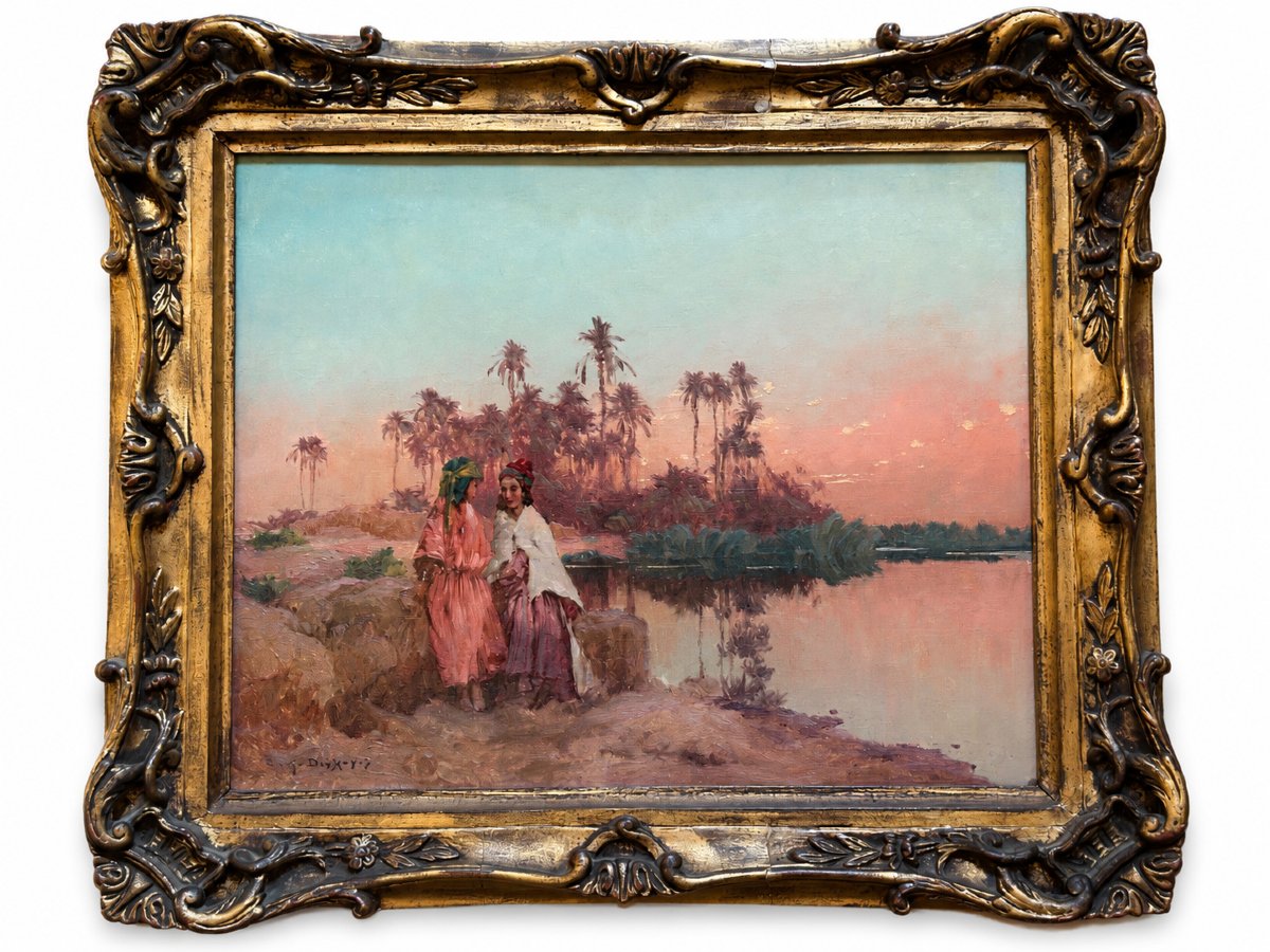 Eugène Deshayes Tableau peintre Orientaliste portrait femme le soir paysage Oued Algérie  19e-photo-6