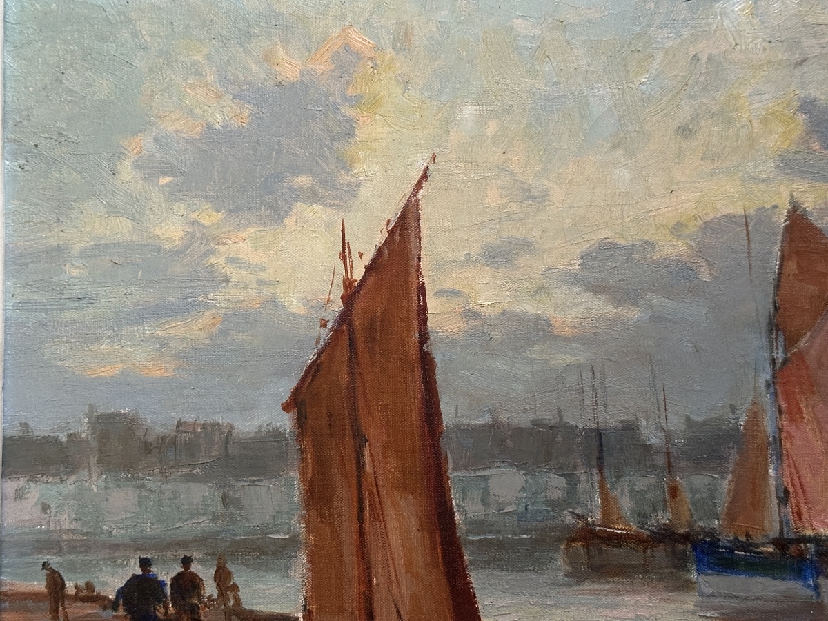 Deschamps Tableau  Marine pêcheurs Le  Port de Concarneau  Ciel orange Breton bateau signé XX-photo-3
