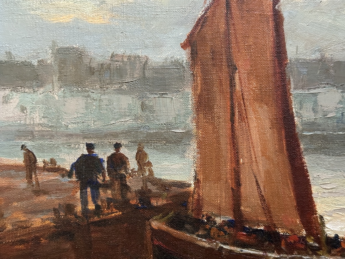 Deschamps Tableau  Marine pêcheurs Le  Port de Concarneau  Ciel orange Breton bateau signé XX-photo-4