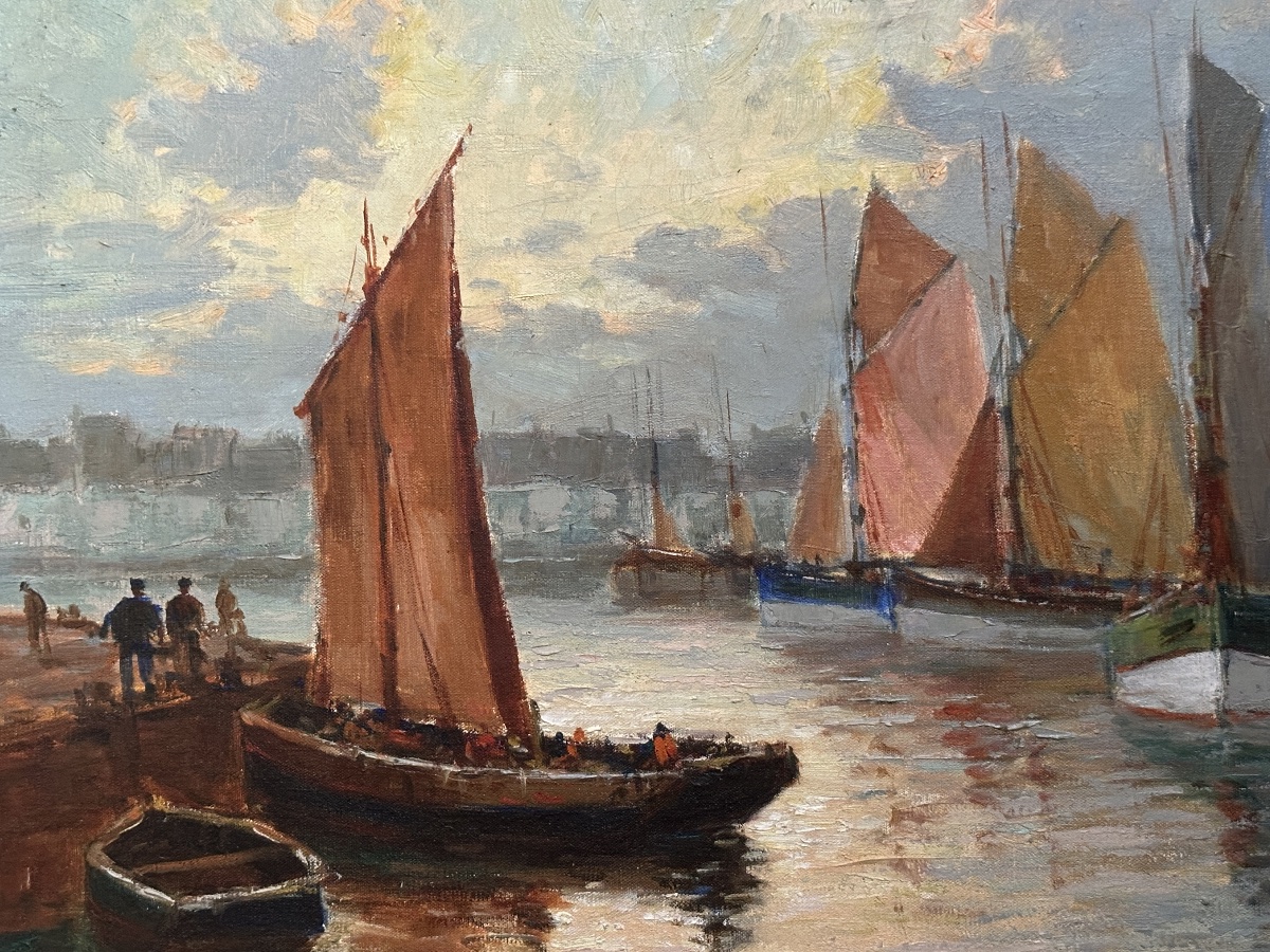 Deschamps Tableau  Marine pêcheurs Le  Port de Concarneau  Ciel orange Breton bateau signé XX