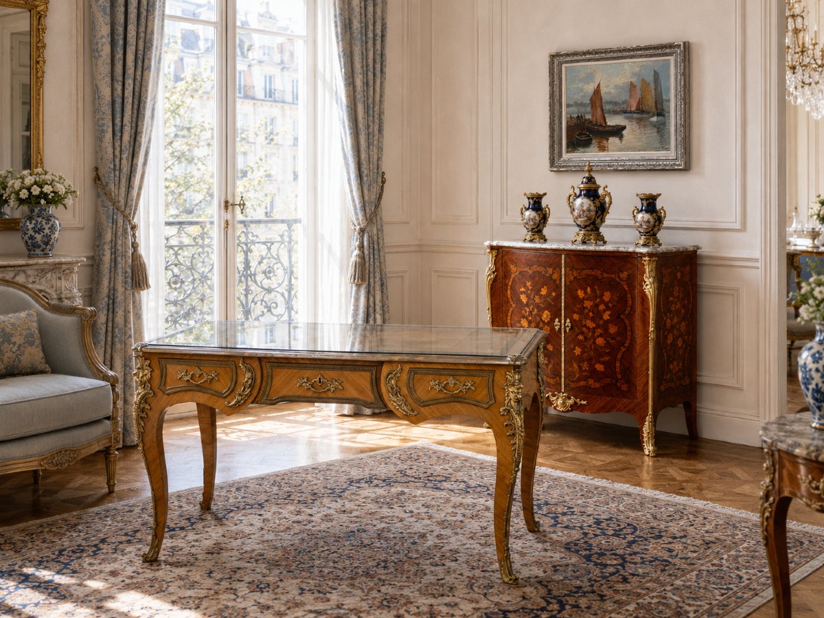 Large Louis XV-style Flat Desk With Gilded Bronze Espagnolette Locks And Marquetry -photo-2