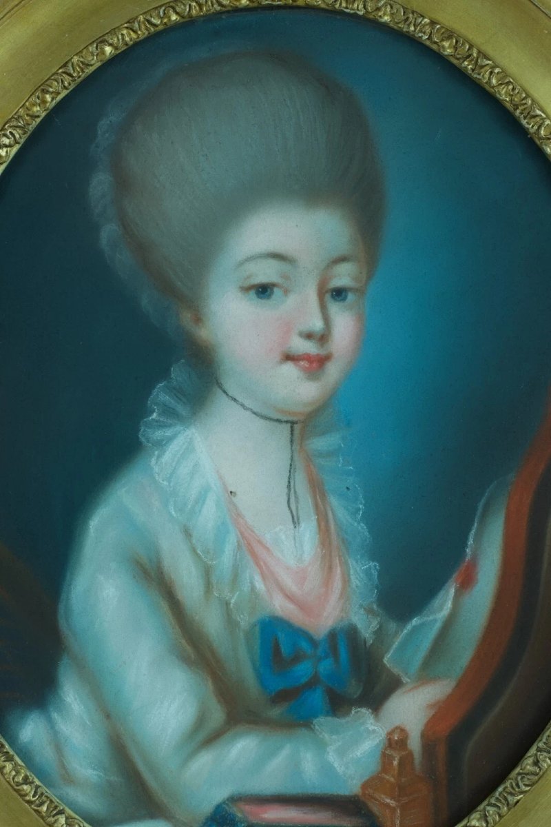 Tableau pastel portrait jeune fille louis XVI costume lecture coiffeuse Ovale cadre doré -photo-3