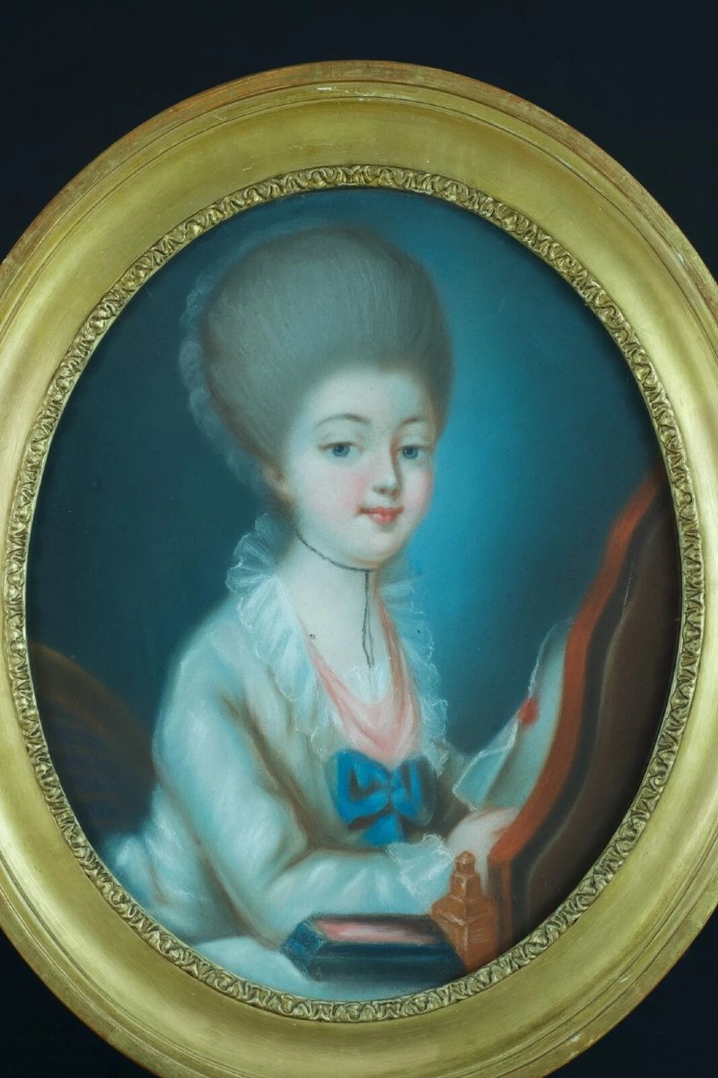 Tableau pastel portrait jeune fille louis XVI costume lecture coiffeuse Ovale cadre doré -photo-4
