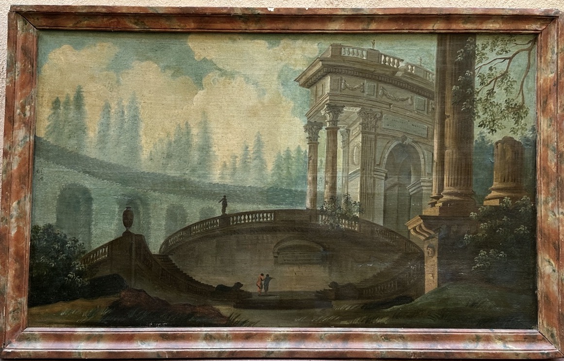 Paire de grands Tableaux  néoclassique paysage ruine antique animée architecture Française 18e -photo-3
