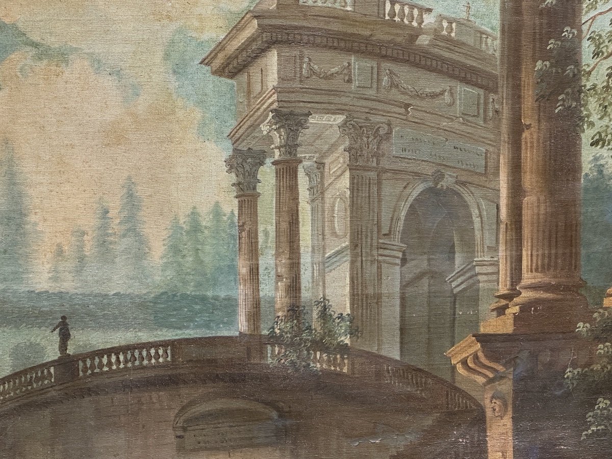Paire de grands Tableaux  néoclassique paysage ruine antique animée architecture Française 18e -photo-5