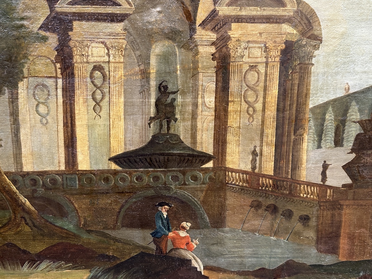 Paire de grands Tableaux  néoclassique paysage ruine antique animée architecture Française 18e 