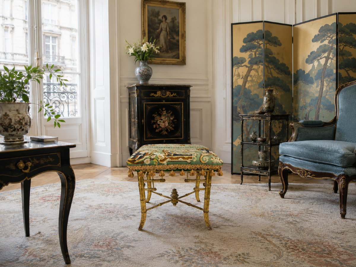 Gilded Wooden Stool With Faux Bamboo Design And Chimera-inspired Tapestry, Japonism Style, 19th Century, From Au Bon Marché, Paris -photo-2