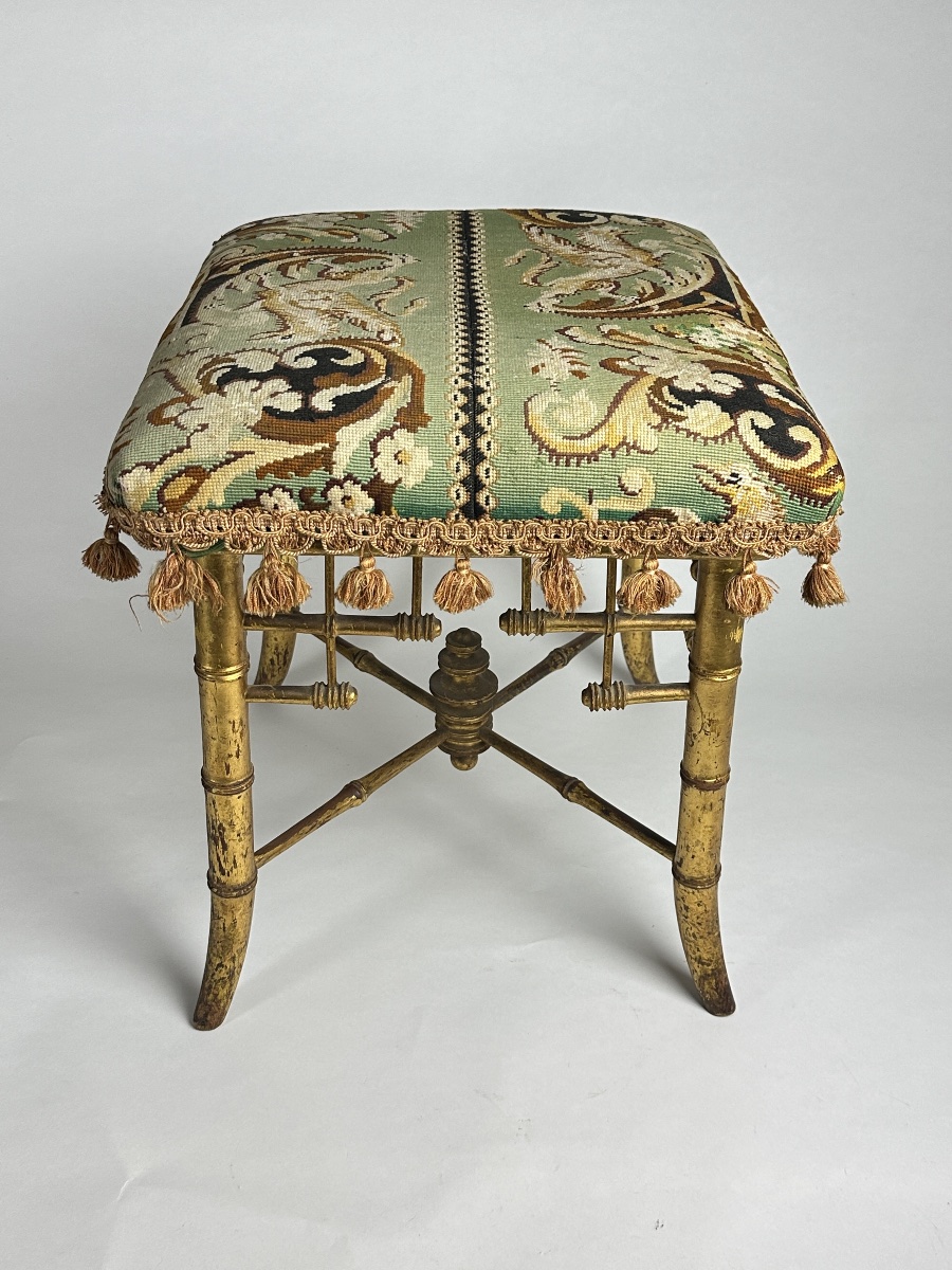 Gilded Wooden Stool With Faux Bamboo Design And Chimera-inspired Tapestry, Japonism Style, 19th Century, From Au Bon Marché, Paris -photo-4