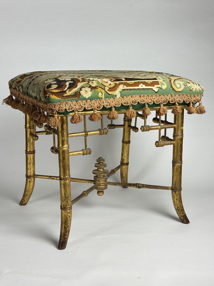 Gilded Wooden Stool With Faux Bamboo Design And Chimera-inspired Tapestry, Japonism Style, 19th Century, From Au Bon Marché, Paris -photo-1