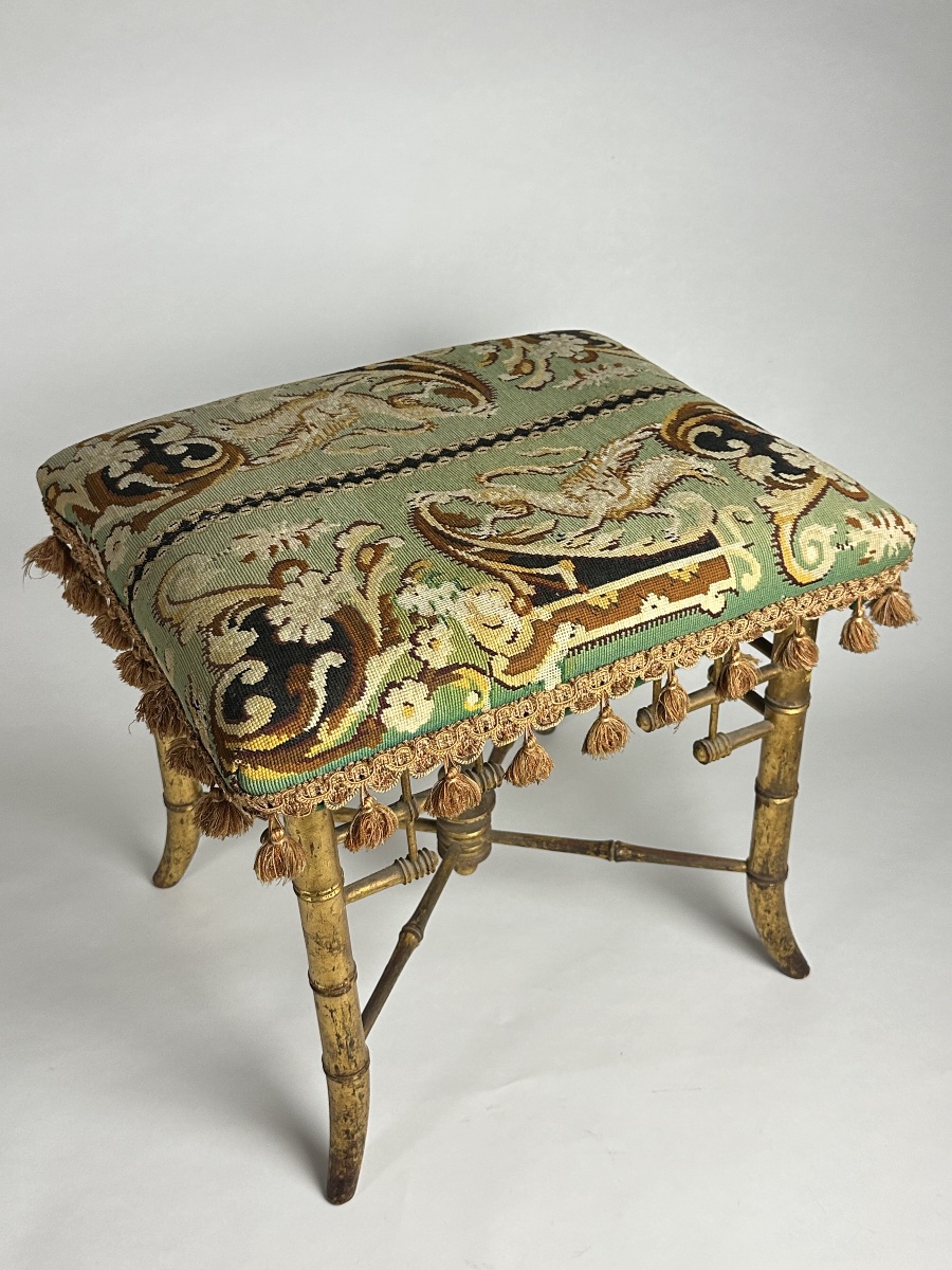 Gilded Wooden Stool With Faux Bamboo Design And Chimera-inspired Tapestry, Japonism Style, 19th Century, From Au Bon Marché, Paris -photo-2