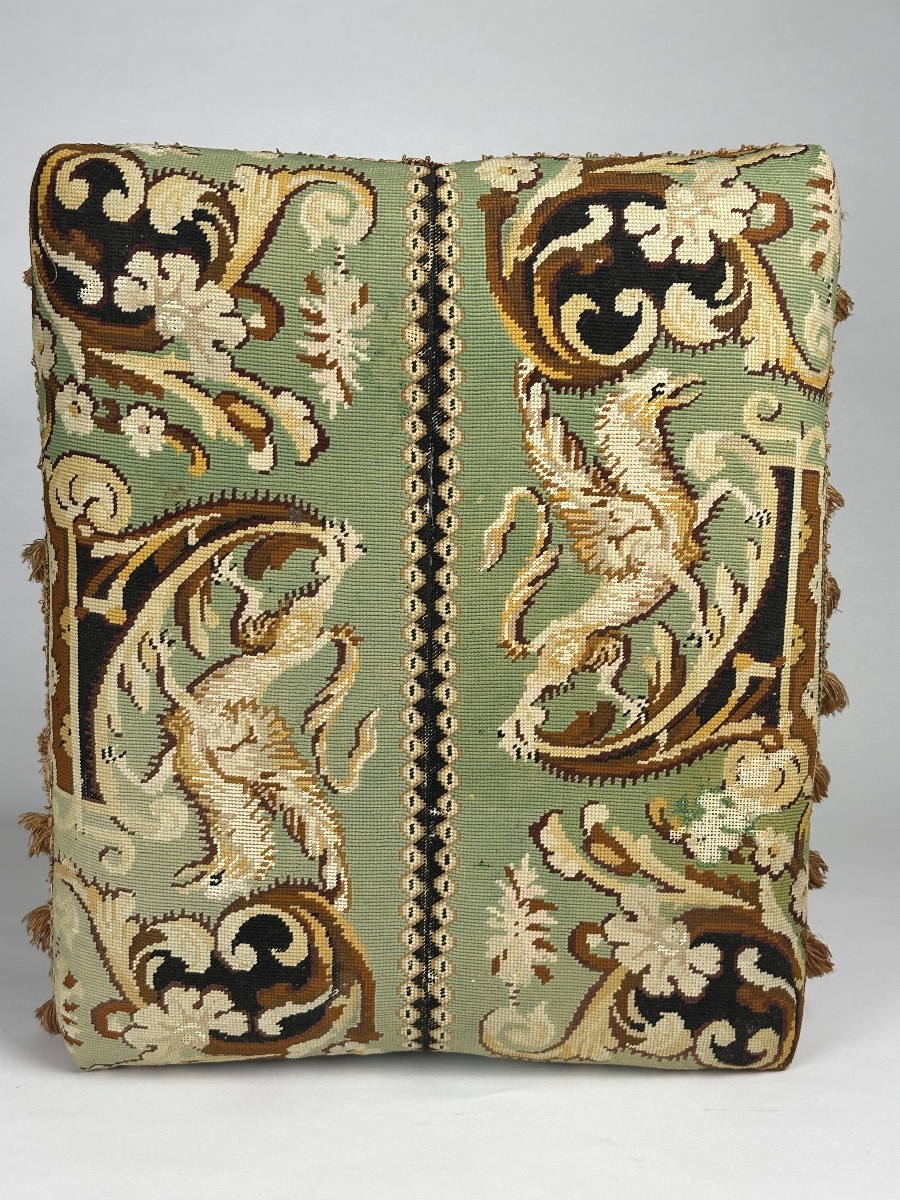 Gilded Wooden Stool With Faux Bamboo Design And Chimera-inspired Tapestry, Japonism Style, 19th Century, From Au Bon Marché, Paris -photo-3