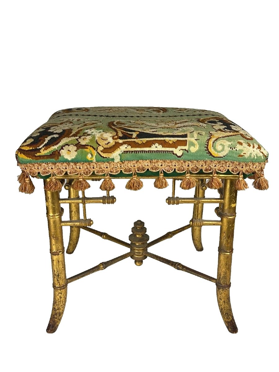 Gilded Wooden Stool With Faux Bamboo Design And Chimera-inspired Tapestry, Japonism Style, 19th Century, From Au Bon Marché, Paris 