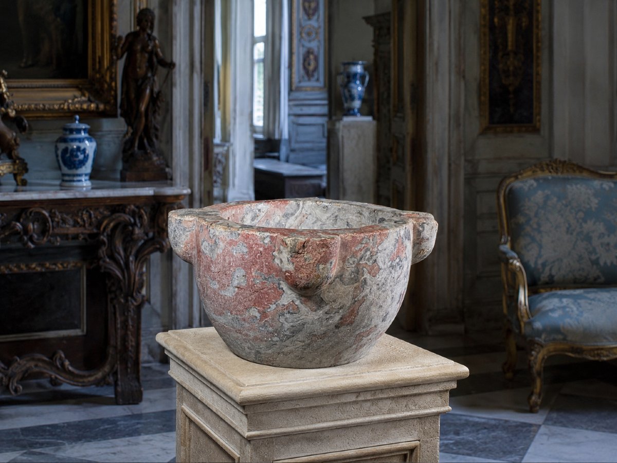Large Apothecary Mortar Made Of Red Languedoc Marble, 18th Century, Pharmacy, Baroque Medicine -photo-2