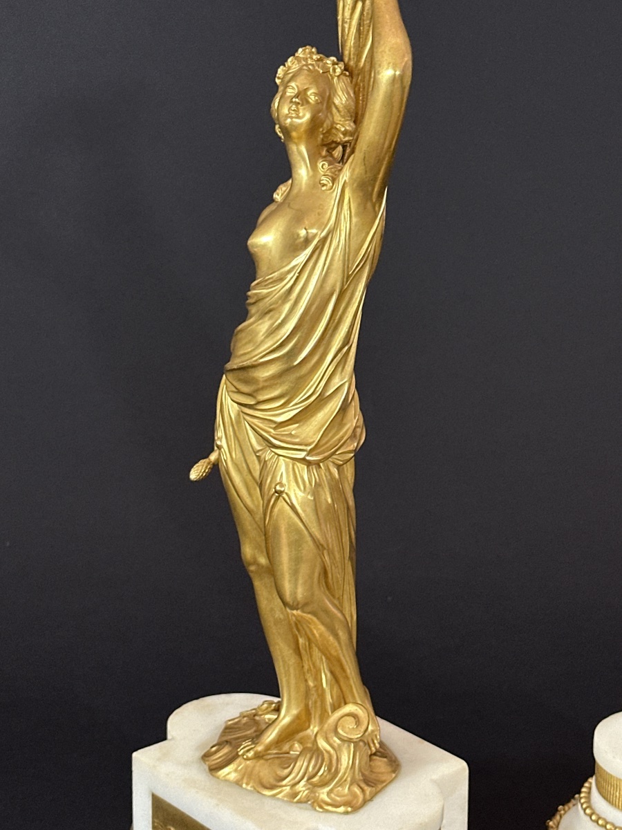 Pair Of 19th-century Antique Neoclassical Gilt-bronze Door Sconces Featuring A Woman And A Cornucopia-photo-2