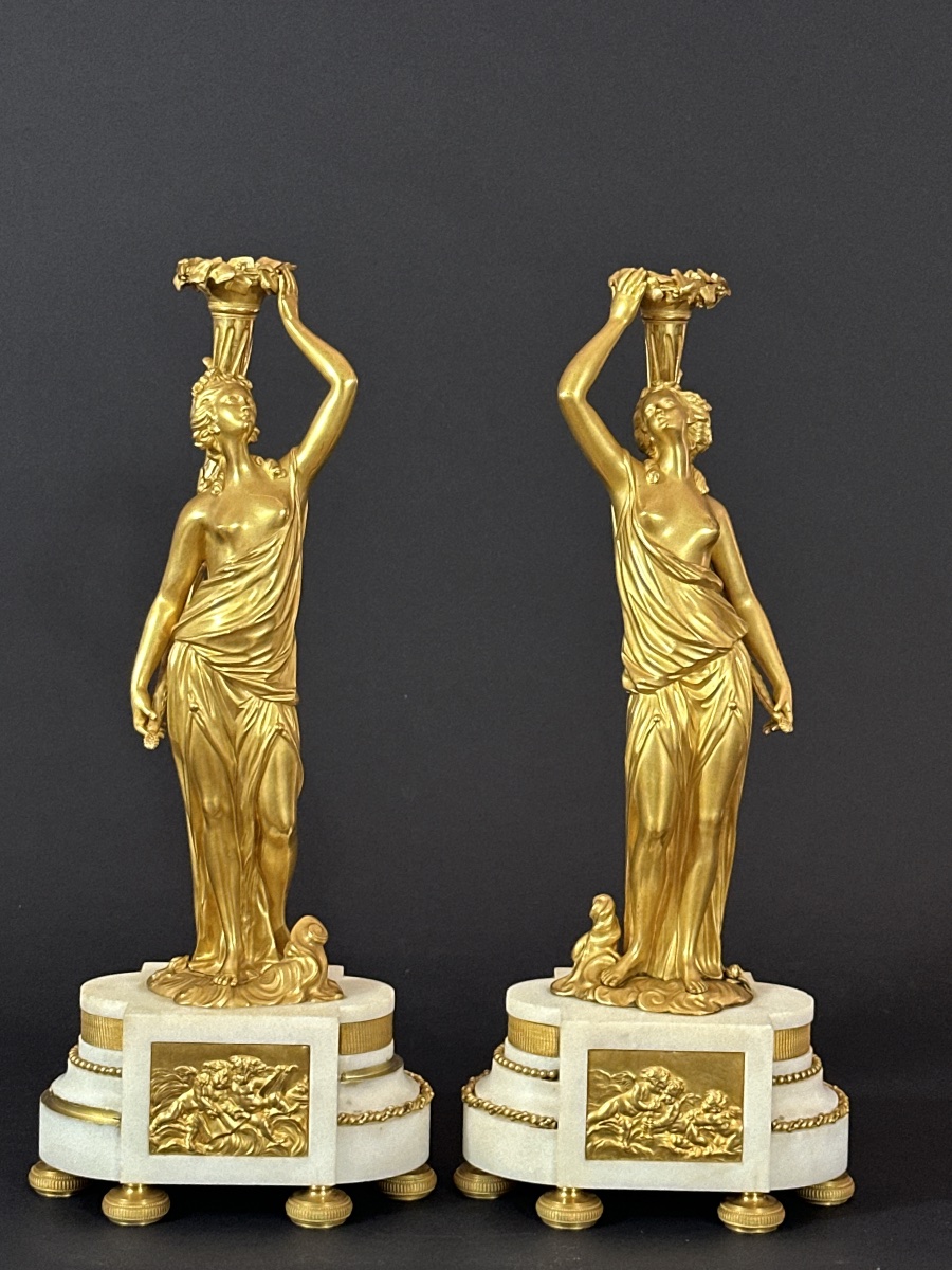 Pair Of 19th-century Antique Neoclassical Gilt-bronze Door Sconces Featuring A Woman And A Cornucopia-photo-3