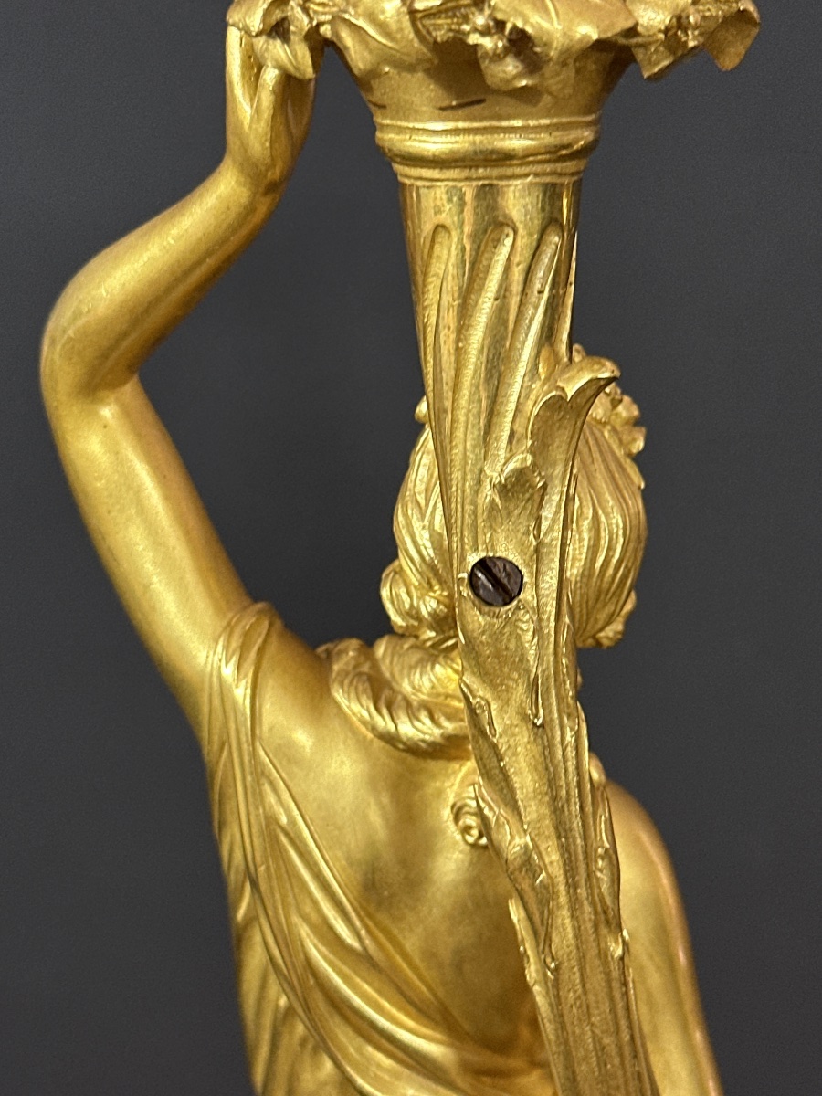 Pair Of 19th-century Antique Neoclassical Gilt-bronze Door Sconces Featuring A Woman And A Cornucopia-photo-1