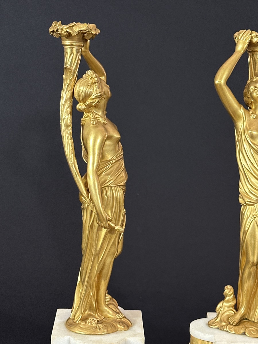 Pair Of 19th-century Antique Neoclassical Gilt-bronze Door Sconces Featuring A Woman And A Cornucopia-photo-2