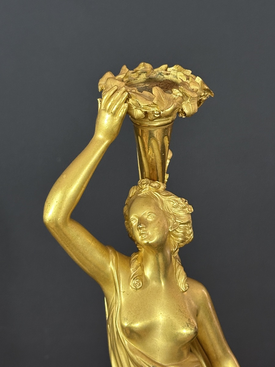 Pair Of 19th-century Antique Neoclassical Gilt-bronze Door Sconces Featuring A Woman And A Cornucopia-photo-8