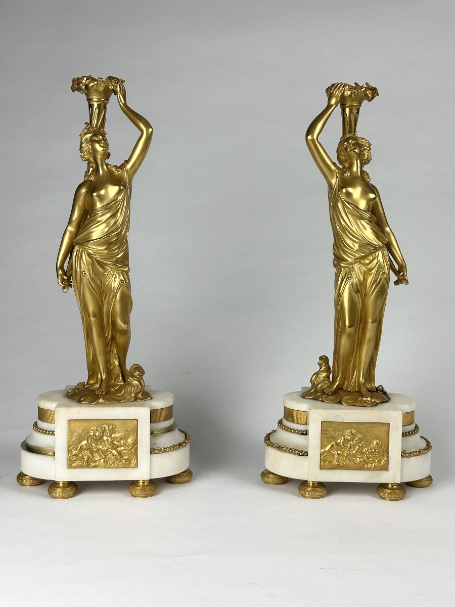 Pair Of 19th-century Antique Neoclassical Gilt-bronze Door Sconces Featuring A Woman And A Cornucopia