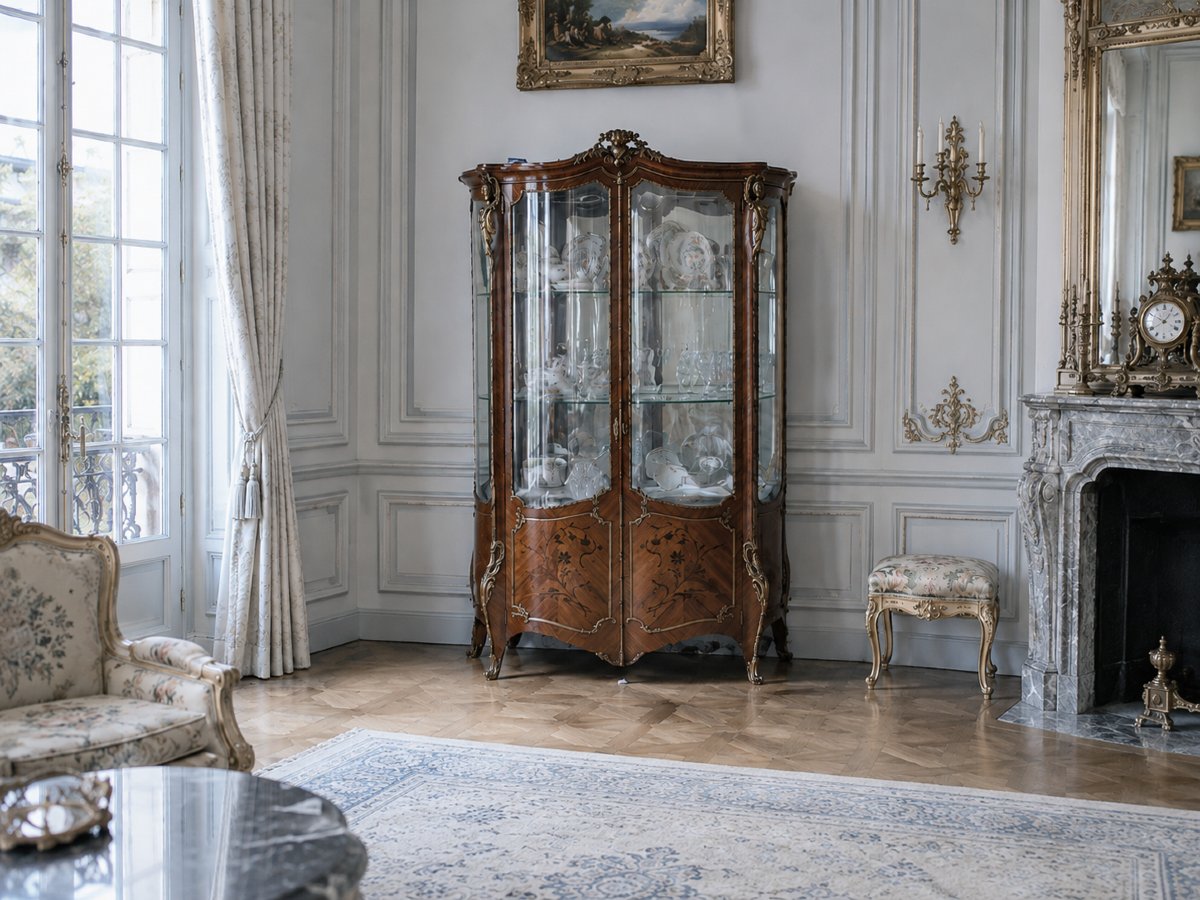 Large Louis XV Display Case With Curved Glass, Marquetry, And Gilded Bronze In The Style Of François Linke, Paris-photo-2