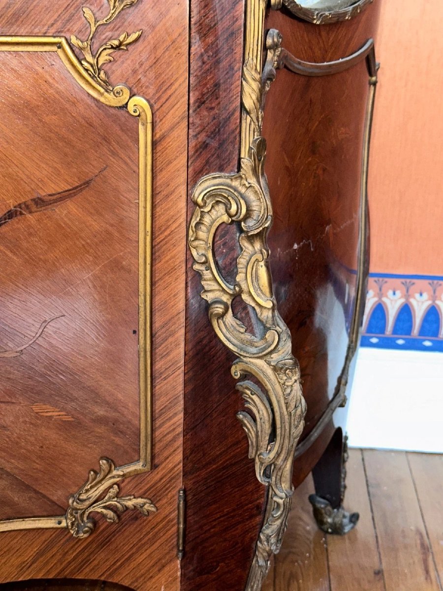 Large Louis XV Display Case With Curved Glass, Marquetry, And Gilded Bronze In The Style Of François Linke, Paris-photo-4