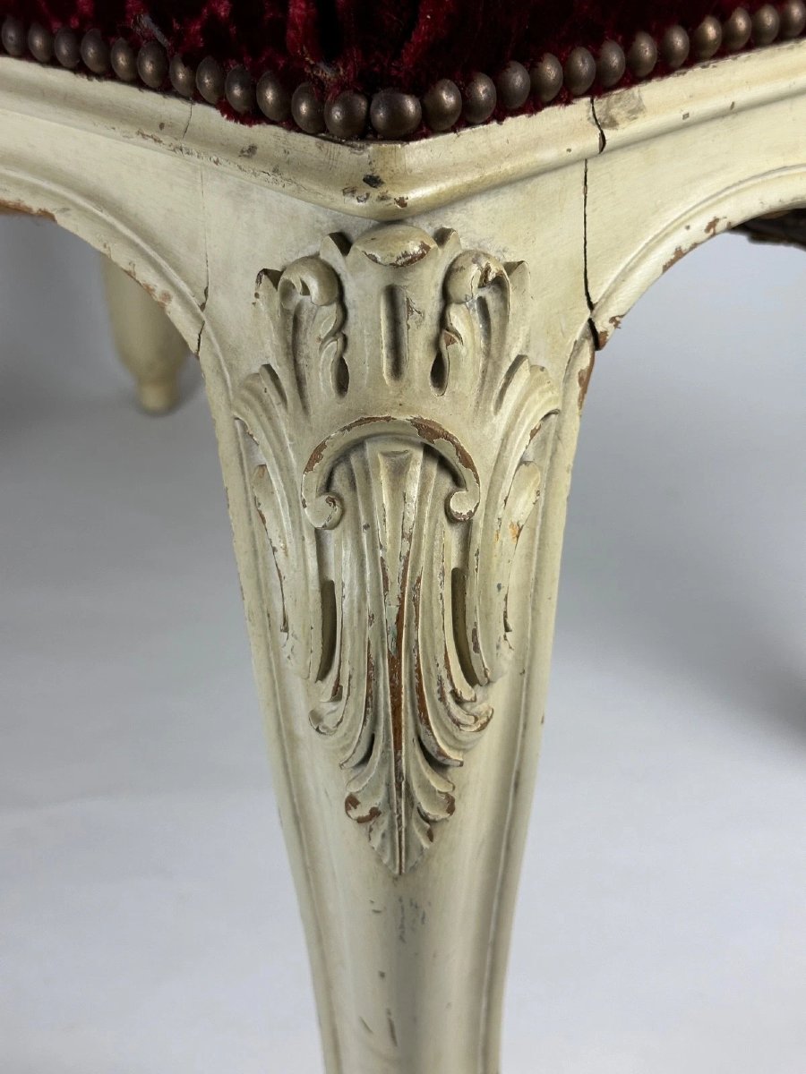 Louis XV Bench, Upholstered, Carved Wood; Large Napoleon III Stool; Interior Decor -photo-1