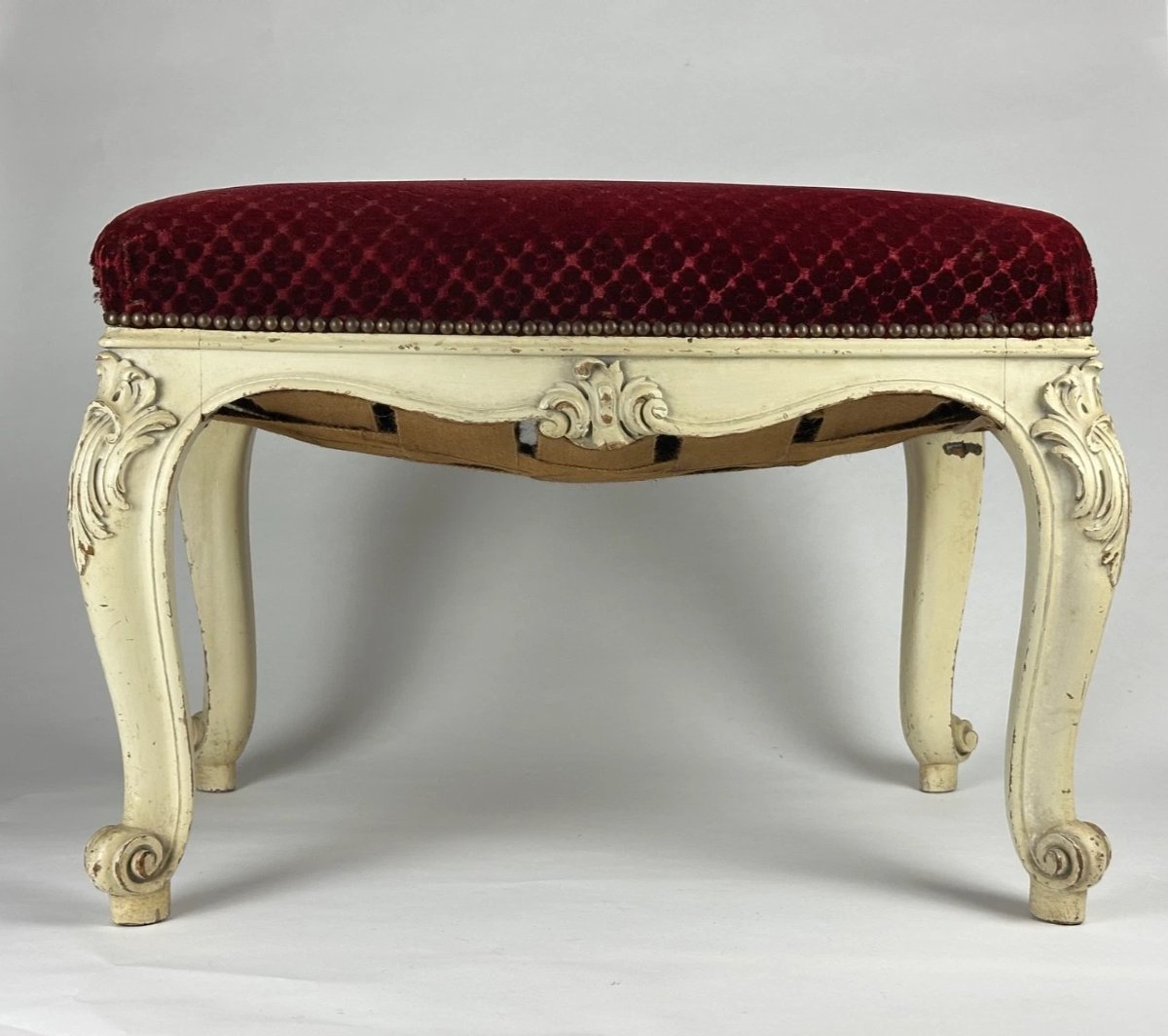 Louis XV Bench, Upholstered, Carved Wood; Large Napoleon III Stool; Interior Decor -photo-3