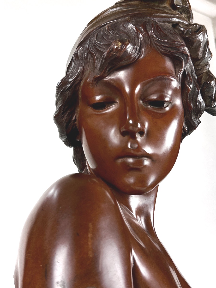 Grande sculpture en bronze Emmanuel  Villanis portrait femme nue Art nouveau Manon gaine 2M 19e-photo-2