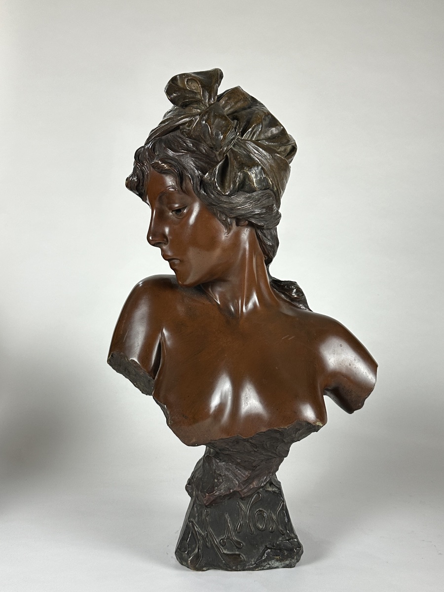 Grande sculpture en bronze Emmanuel  Villanis portrait femme nue Art nouveau Manon gaine 2M 19e-photo-3