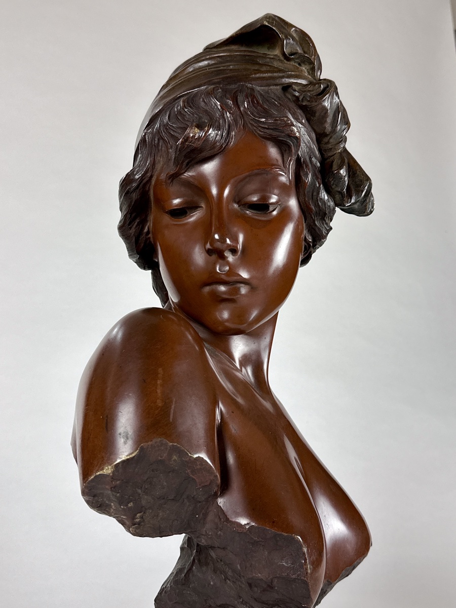 Grande sculpture en bronze Emmanuel  Villanis portrait femme nue Art nouveau Manon gaine 2M 19e-photo-4