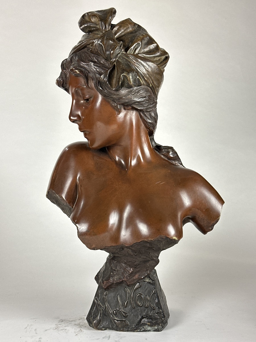 Grande sculpture en bronze Emmanuel  Villanis portrait femme nue Art nouveau Manon gaine 2M 19e-photo-8