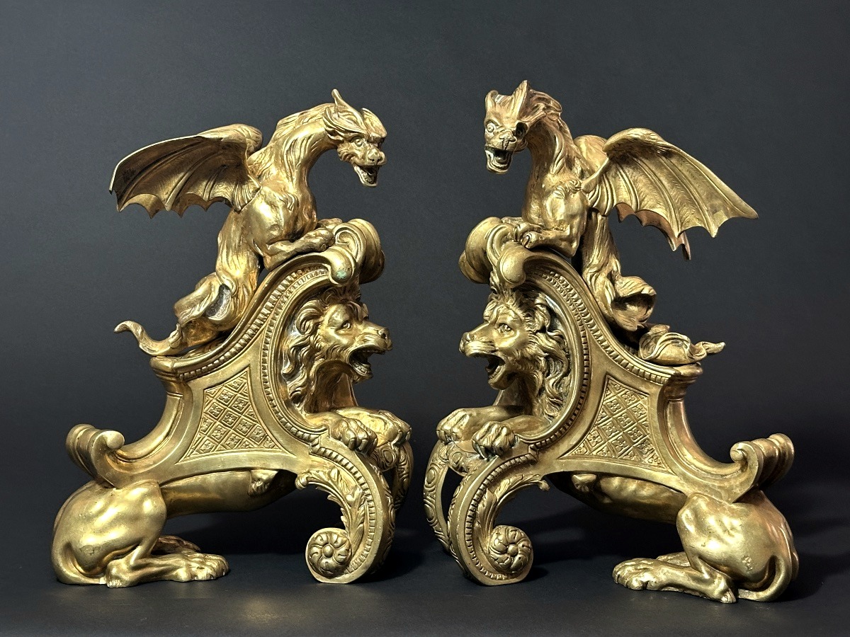 Paire de grands Chenets Feu régence Bronze doré lion chimère dragon Charles Cressent 19e -photo-2