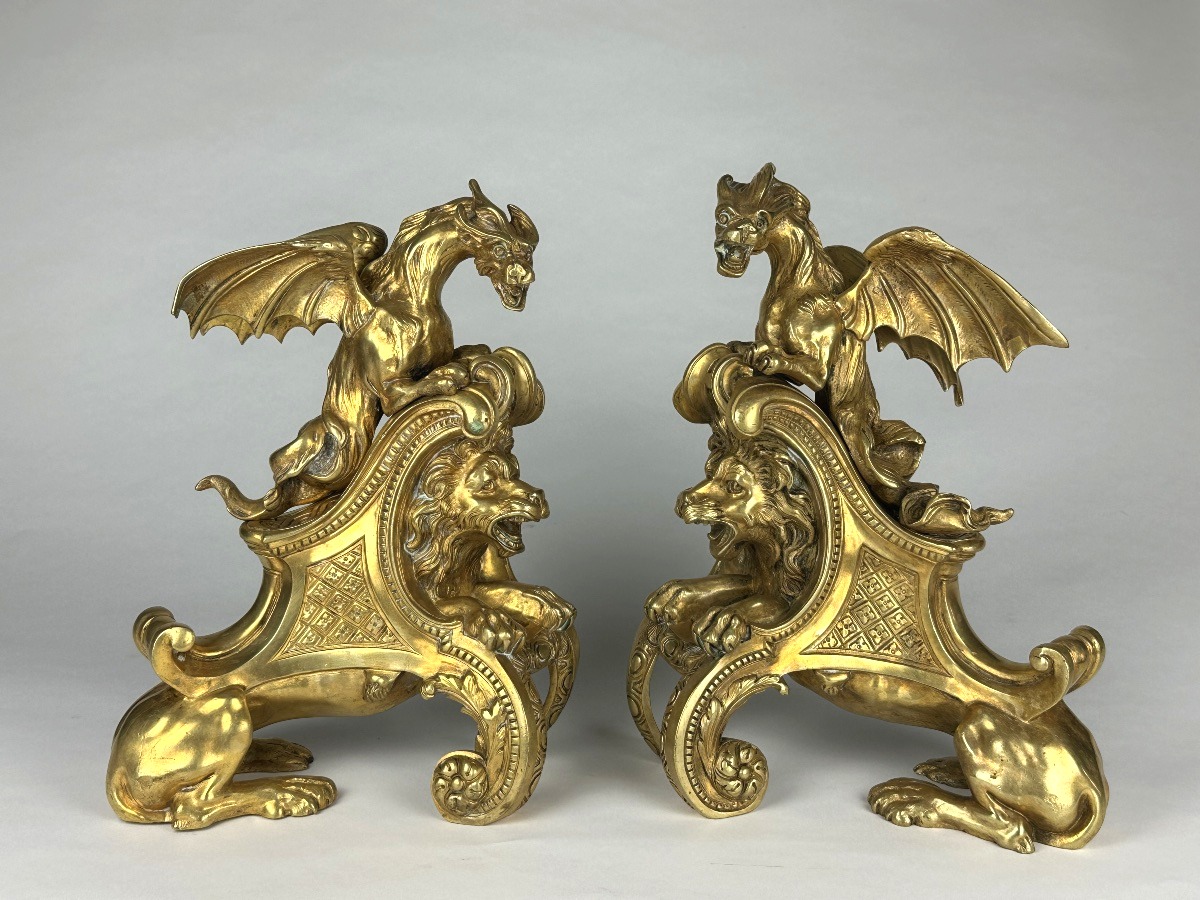 Paire de grands Chenets Feu régence Bronze doré lion chimère dragon Charles Cressent 19e -photo-3