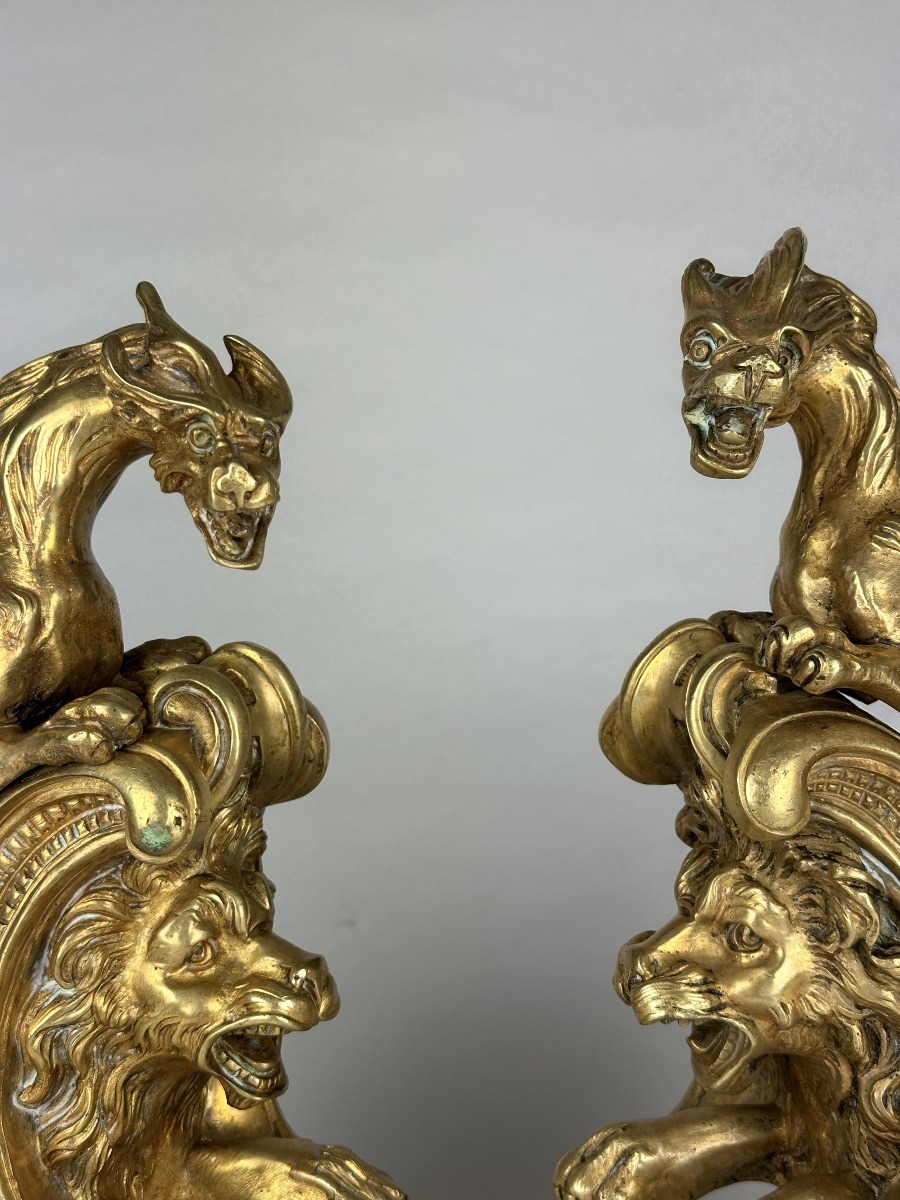 Paire de grands Chenets Feu régence Bronze doré lion chimère dragon Charles Cressent 19e -photo-4