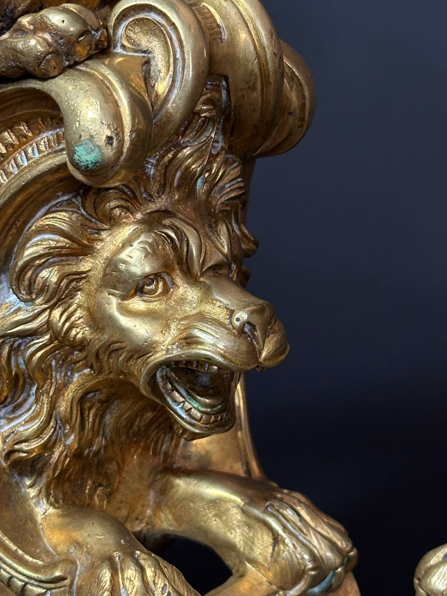 Paire de grands Chenets Feu régence Bronze doré lion chimère dragon Charles Cressent 19e -photo-2