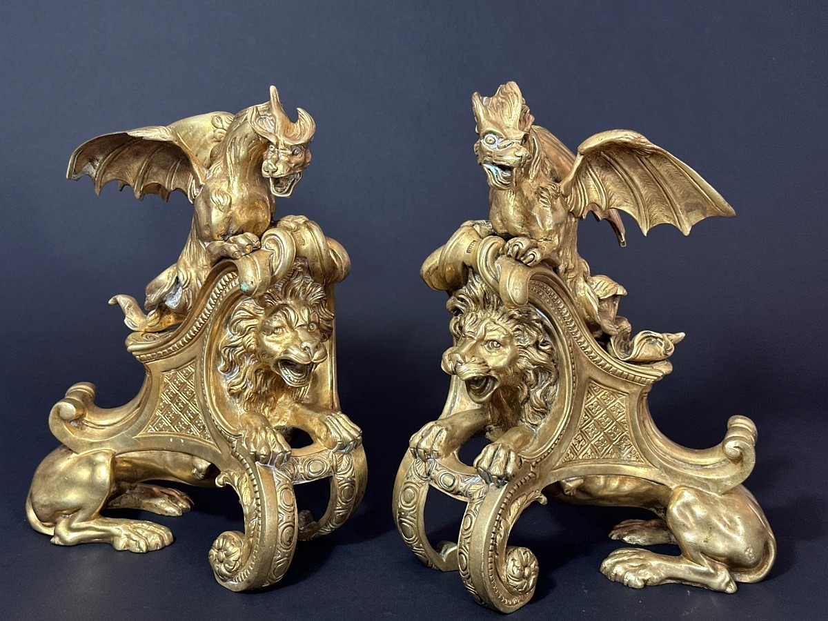 Paire de grands Chenets Feu régence Bronze doré lion chimère dragon Charles Cressent 19e -photo-3