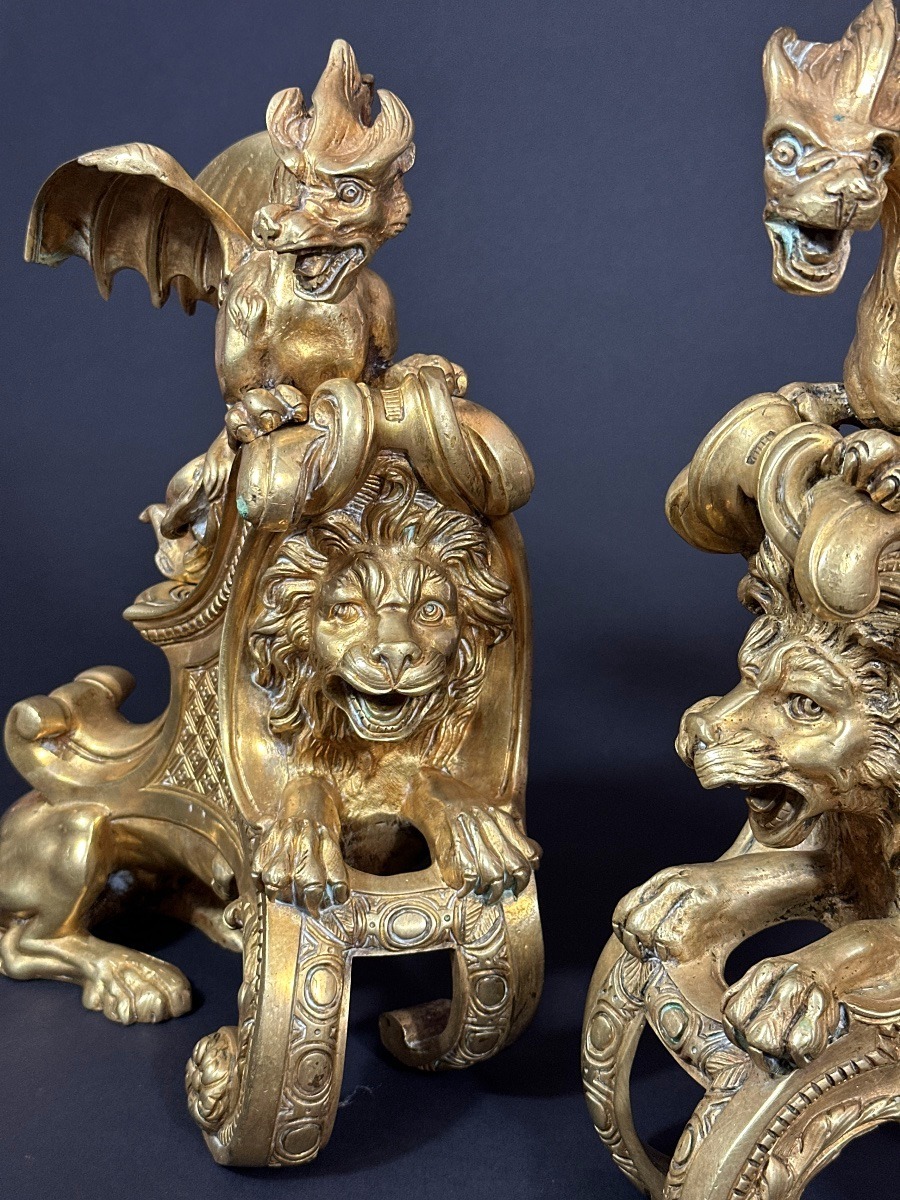 Paire de grands Chenets Feu régence Bronze doré lion chimère dragon Charles Cressent 19e -photo-4