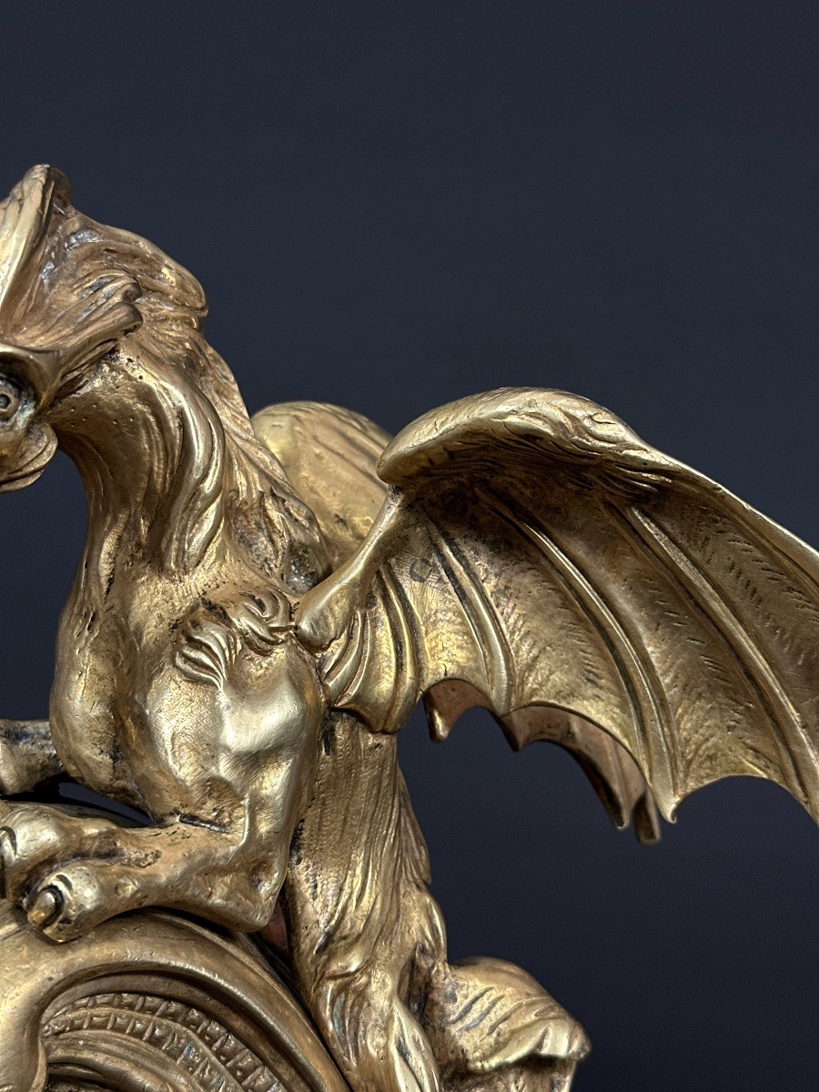 Paire de grands Chenets Feu régence Bronze doré lion chimère dragon Charles Cressent 19e -photo-5