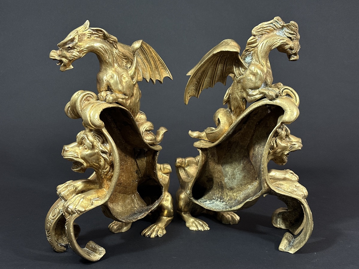 Paire de grands Chenets Feu régence Bronze doré lion chimère dragon Charles Cressent 19e -photo-6
